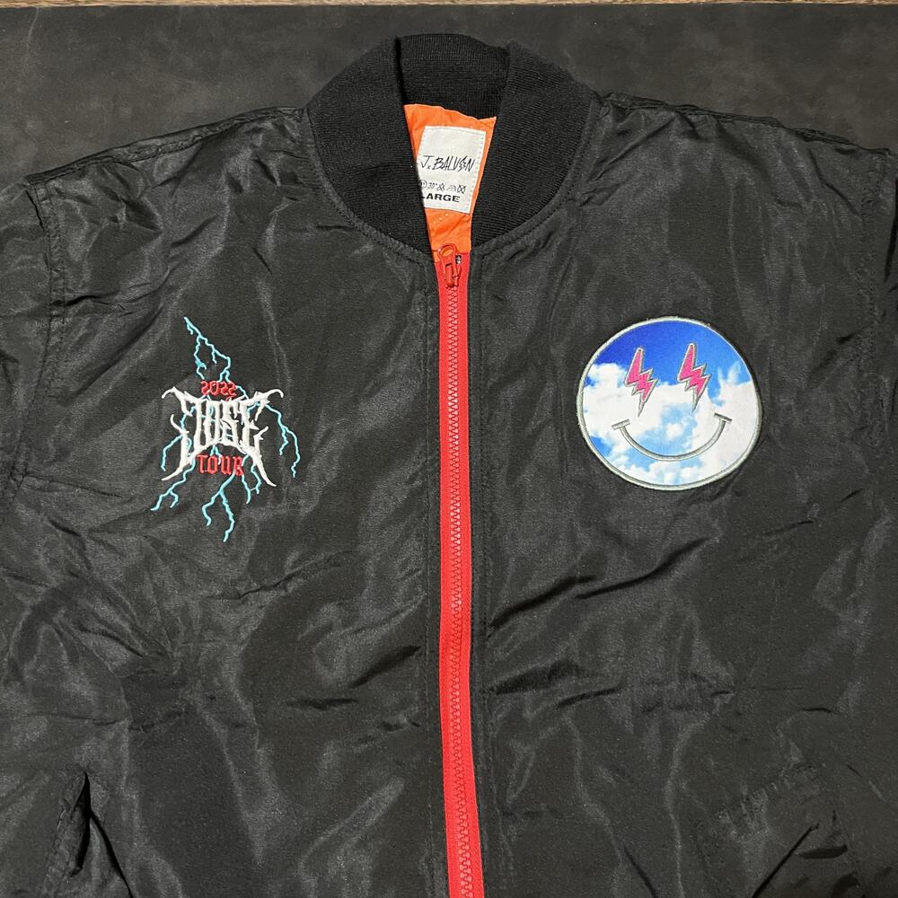 J Balvin Jacket Mens Large Black 2022 Jose Tour Bomber Smiley Lightning Patch - Picture 3 of 12